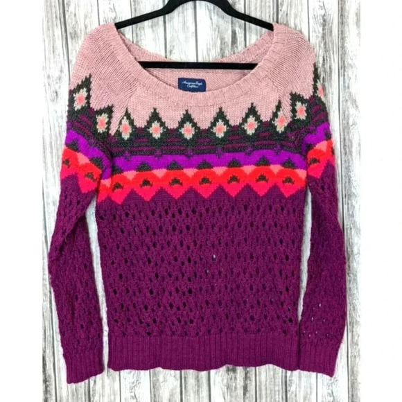 America Eagle Sweater Fair Isle Crew Neck wool blend Purple Orange Pinks Size L - Picture 1 of 12